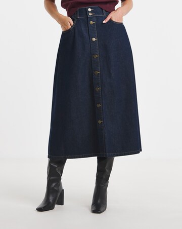 Indigo Elasticated Waist Button Through Midi Skirt