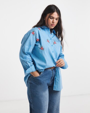 Blue Stripe Embroidered Oversized Shirt
