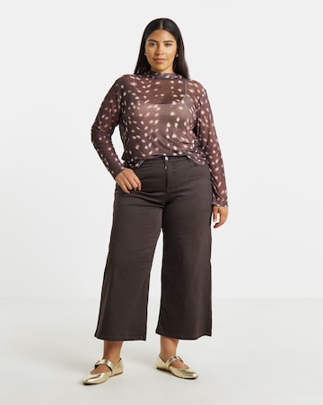 Brown Deer Print High Neck Mesh Top