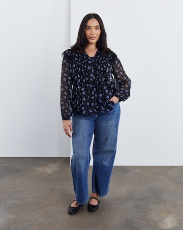 Simply Be Black Ditsy Lace Trim Chiffon Tuxedo Detail Blouse