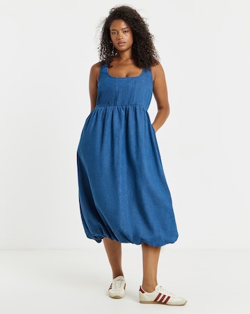 Mid Blue Denim Bubble Hem Midaxi Dress