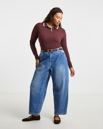 Simply Be Chocolate Long Sleeve Ribbed Polo Neck With Contrast Tipping