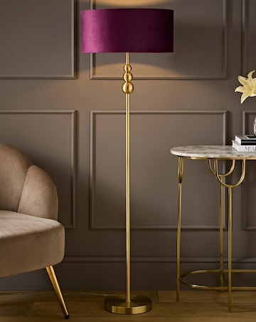 ValueLights Marissa Brushed Gold Floor Lamp Plum Velvet Squat Drum Shade