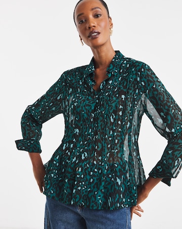 Blue Animal Print Pintuck Peplum Hem Georgette Shirt