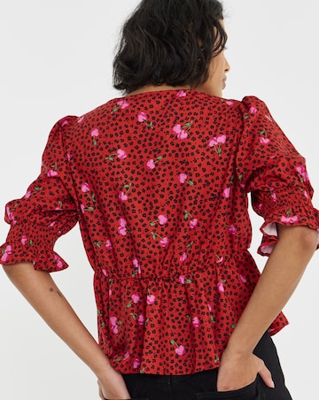 Simply Be Red Cherry Print Shirred Sleeve Tea Blouse
