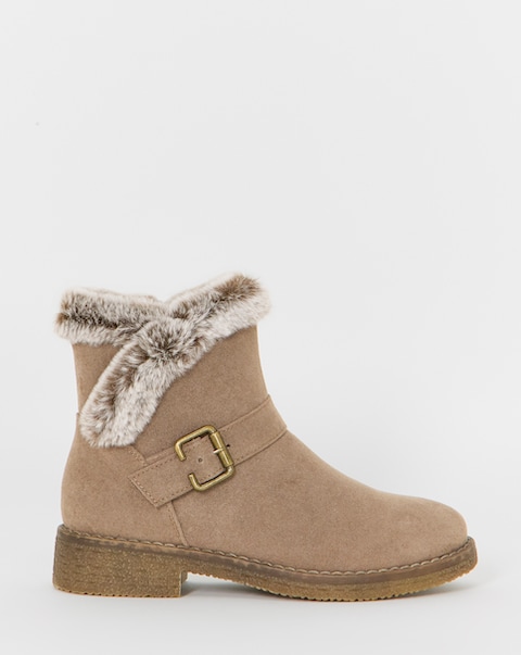 New In - Faux Fur Cuff Crepe Sole Boots Ex Wide