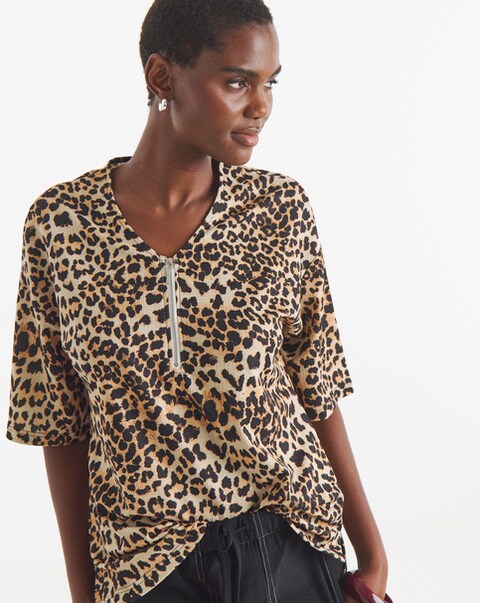 Animal Print Textured V-Neck Zip Front Short Sleeve Longline Top