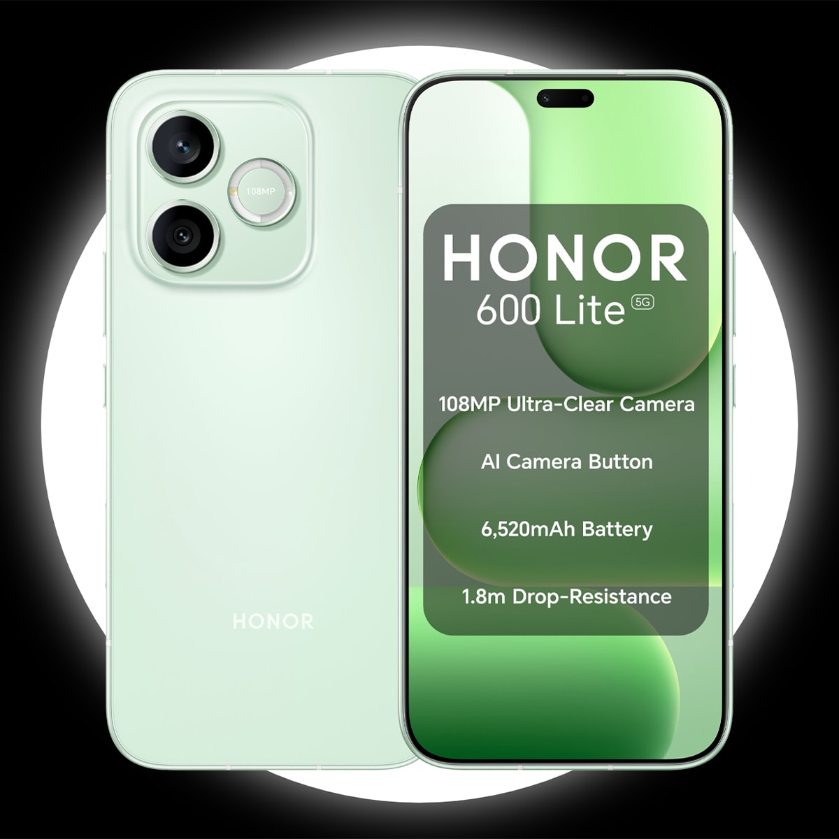 A light green Honor 600 Lite 5G smartphone showing both the front screen and the rear camera.