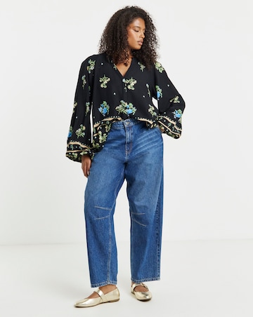 Volume Sleeve Border Print Blouse