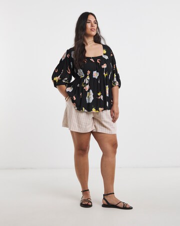 Multi Print Shirred Detail Peplum Top