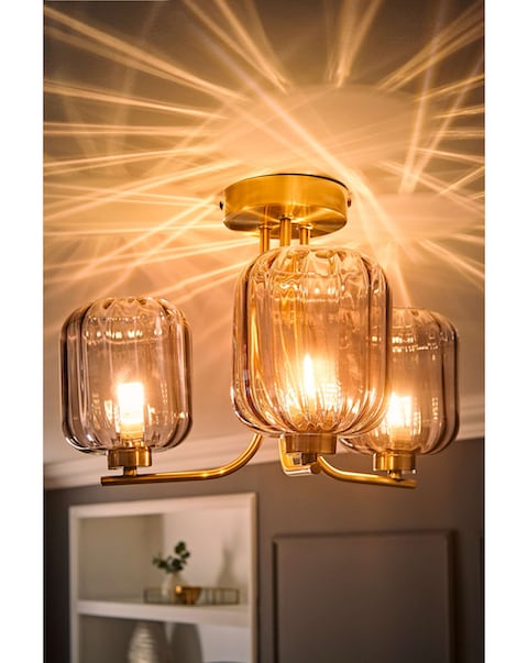 ValueLights Amelie Gold 3 Arm Ceiling Light with Smoked Ribbed Glass