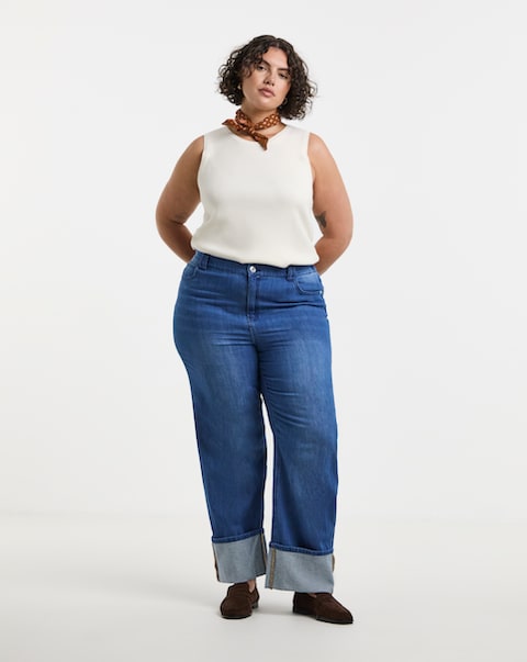 Simply Be Mid Blue Straight Leg Turn Up Drape Jeans