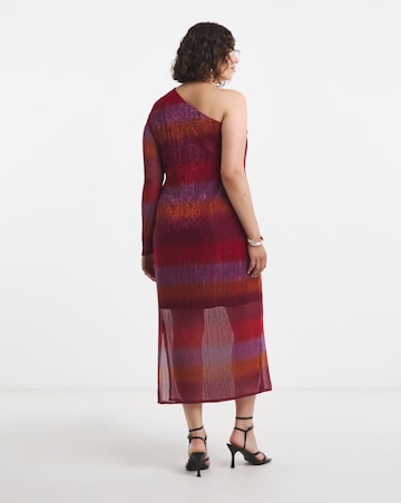 Multi Ombre Stripe Pleated Glitter Mesh One Shoulder Maxi Column Dress