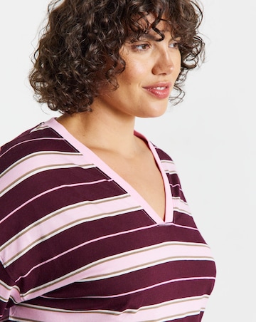 Simply Be Pink And Burgundy Stripe Short Sleeve V-Neck T-Shirt