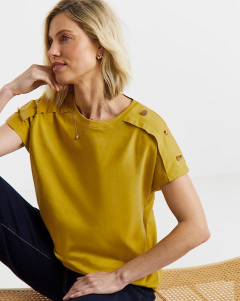 Mustard Button Shoulder Bubble Hem Top