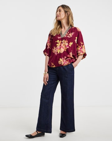 Burgundy Floral Contrast Print Collarless Puff Sleeve Top