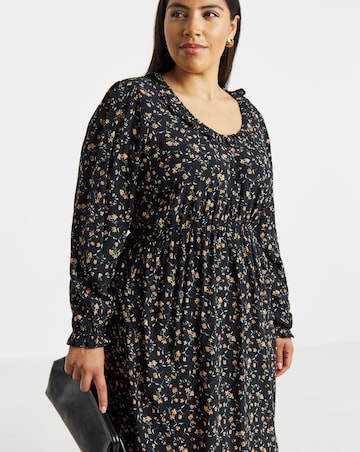 Ditsy Floral Print Frill Neck Detail Midi Dress