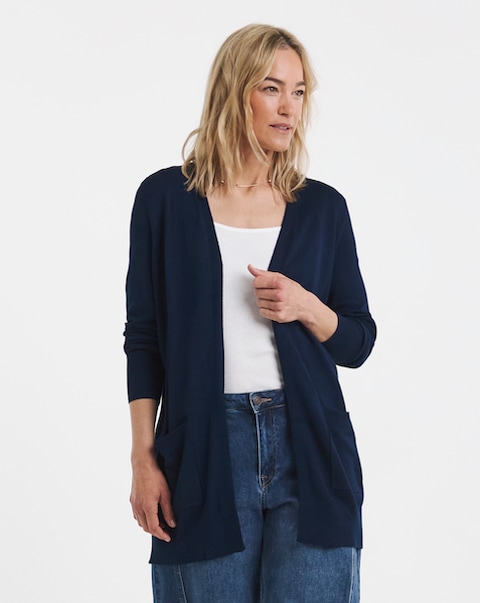 Fine Knit Navy Longline Edge To Edge Cardigan