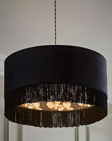 ValueLights Kimberly Black Velvet Printed Inner Drum Shade with Fringe Trim