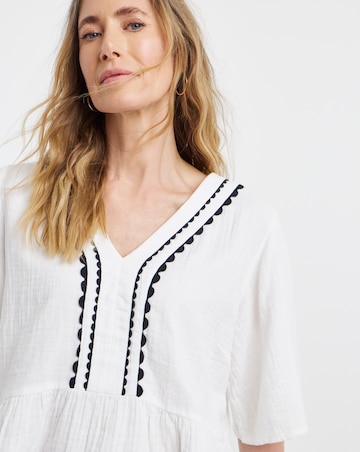 Trim Detail Pure Cotton Textured Short Sleeve Smock Top