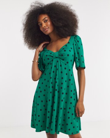 Green Spot Print Supersoft Knot Front Skater Dress