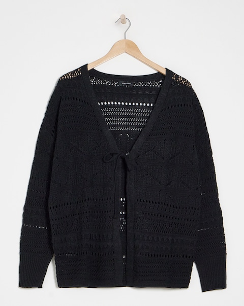 Black Tie Front Crochet Cardigan