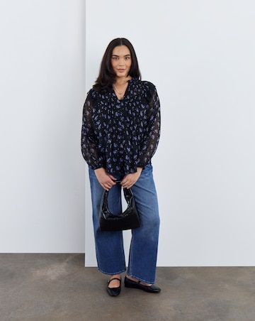 Simply Be Black Ditsy Lace Trim Chiffon Tuxedo Detail Blouse