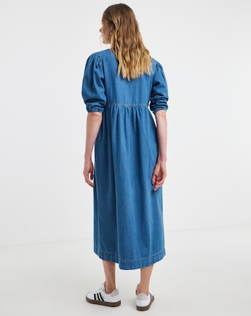 Blue Peplum Puff Sleeve Denim Dress
