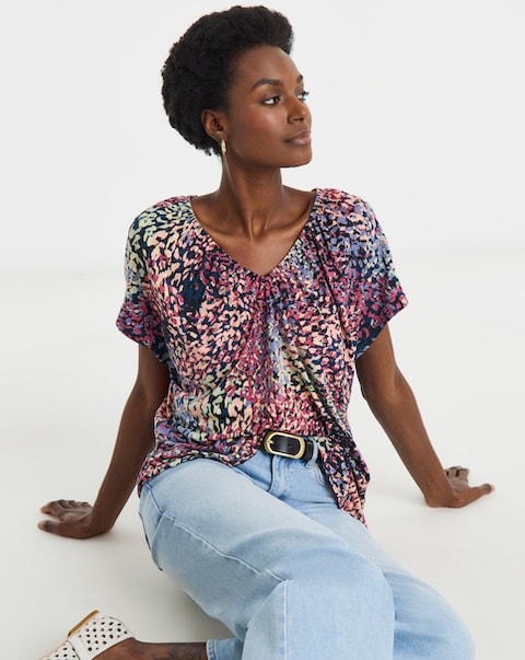 Multi-Coloured Printed V Neck Short Sleeve Top