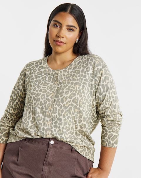 Eversoft Leopard Print Crew Neck Cardigan