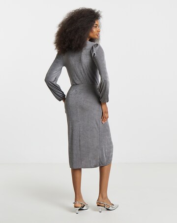 Silver Grey Slinky Wrap Front Midi Dress
