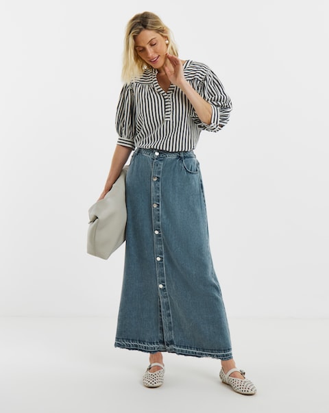 Button Front Midi Denim Skirt with Tencel™ Lyocell