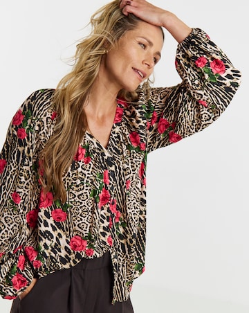 Animal Print Collarless Button Through Blouse