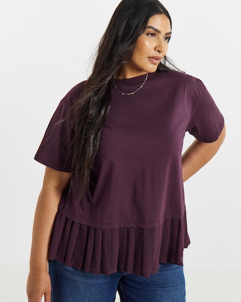 Simply Be Mulberry Tee With Woven Pleated Back