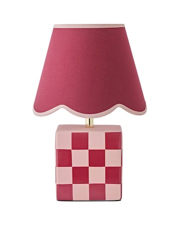 ValueLights Evie Burgundy Checkerboard Table Lamp Pink Scallop Shade
