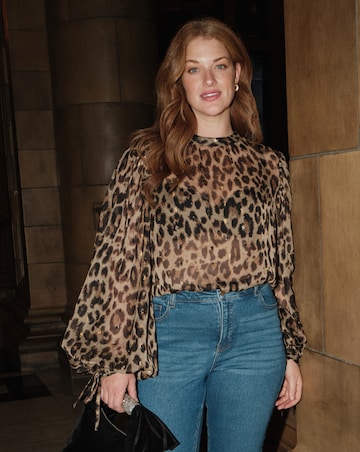 Leopard Foil Print High Neck Exaggerated Sleeve Blouse