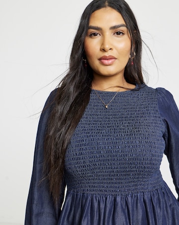 Simply Be Indigo Long Sleeve Denim Soleil Shirred Midaxi Dress