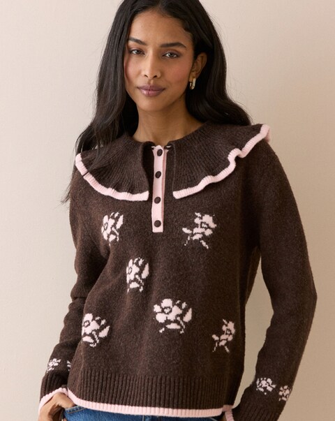 Nobody's Child Floral  & Collar Henley Jumper