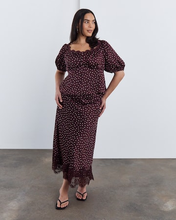 Simply Be Burgundy Spot Satin Lace Trim Midaxi Skirt Co Ord