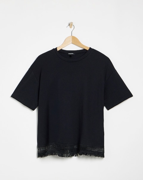 Simply Be Black Fringe Hem T-Shirt