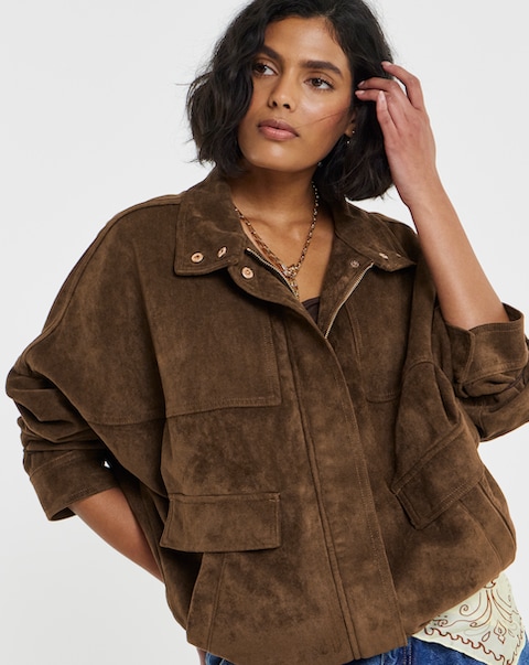 Tobacco Funnel Neck Batwing Suedette Jacket