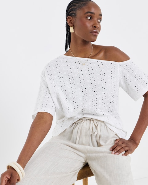 Simply Be White Cotton Off The Shoulder Broderie Top