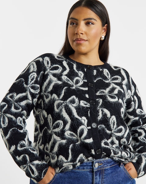 Simply Be Black Bow Print Fluffy Crew Neck Cardigan