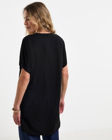 Black Crew Neck Grown On Sleeve Longline Dipped Back Top