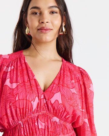 Pink Floral Printed Shirred Waist Detail Midi Dress