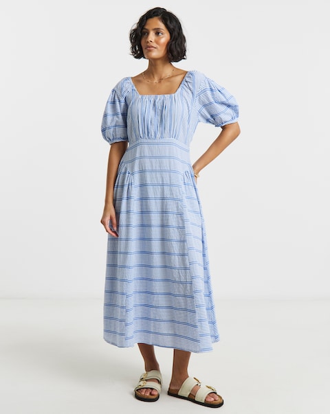 Native Youth Waist Gathered Bust Low Back Midi Dress In Stripe