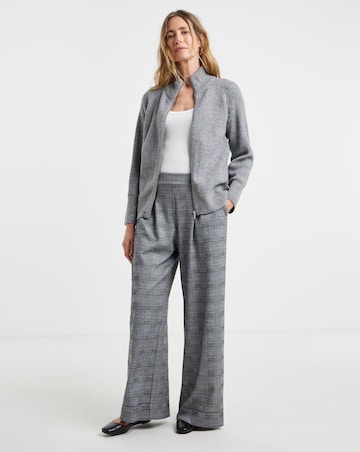 Grey Check Ponte Pull On Pleated Wide Leg Trouser
