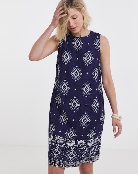Border Print Linen Shift Dress