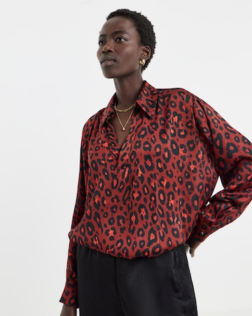 Animal Print Satin Collar Detail Bubble Hem Blouse