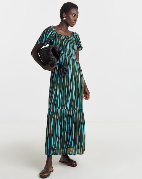 Printed Shirred Flutter Sleeve Dress